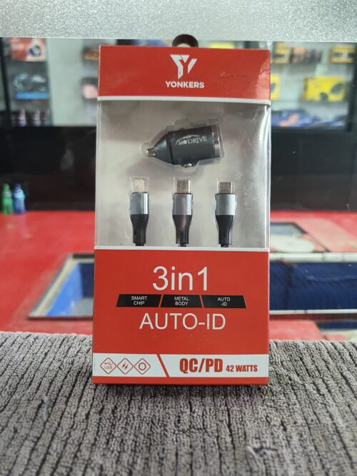 YONKERS 3-in-1 Auto-ID Car Charger – 42W QC/PD Fast Charging